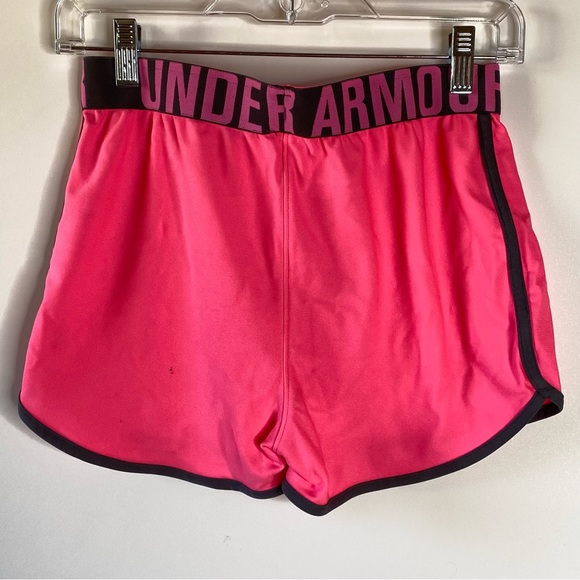 Under Armour Girls Running Shorts Youth L Pink Black Folderover Waist Loose Fit - Picture 4 of 13